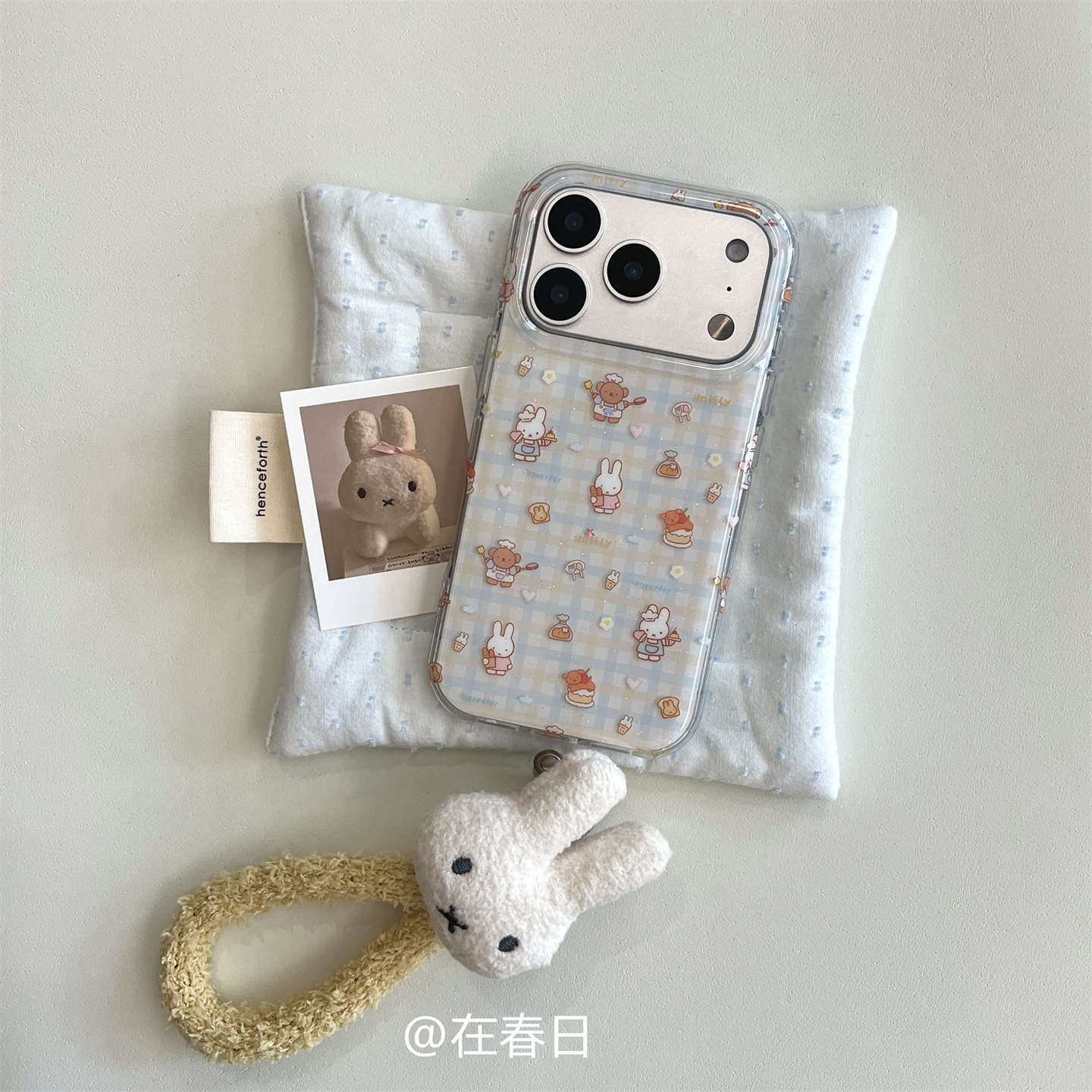 可爱细闪拼色黄蓝格纹米菲挂绳