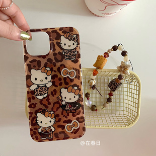 16双层印花 iPhone15pro女15保护壳16promax 在春日韩系复古豹纹Kitty挂绳手机壳适用于苹果17promax 14新款