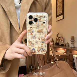 在春日秋天黄格子枫叶麋鹿桑普兔手机壳适用iPhone17promax磨砂精孔16promax保护壳15pro女14苹果17pro/16