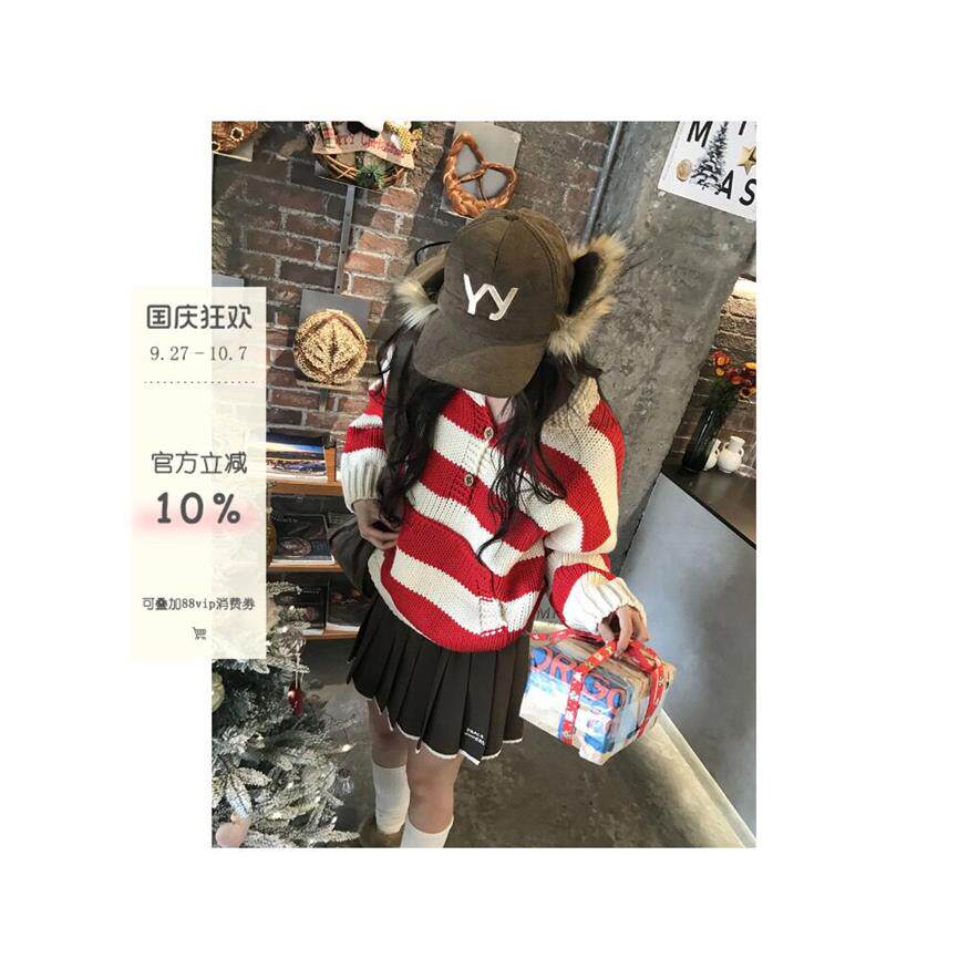 韩系复古条纹娃娃领宽松