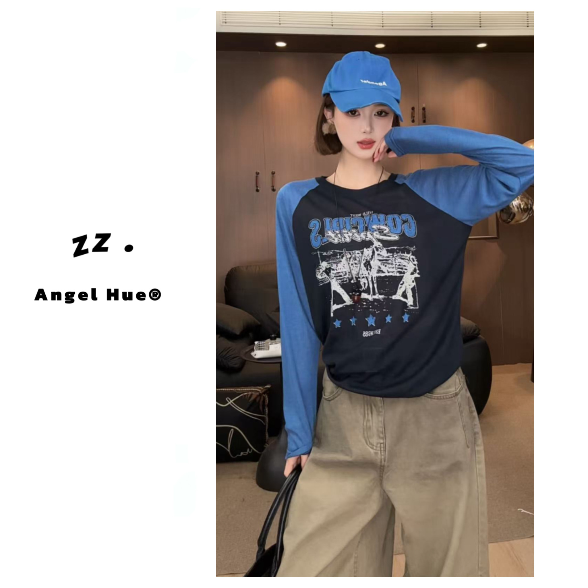 ANGELHUE高街风撞色插肩袖长袖T恤女字母印花百搭显瘦上衣