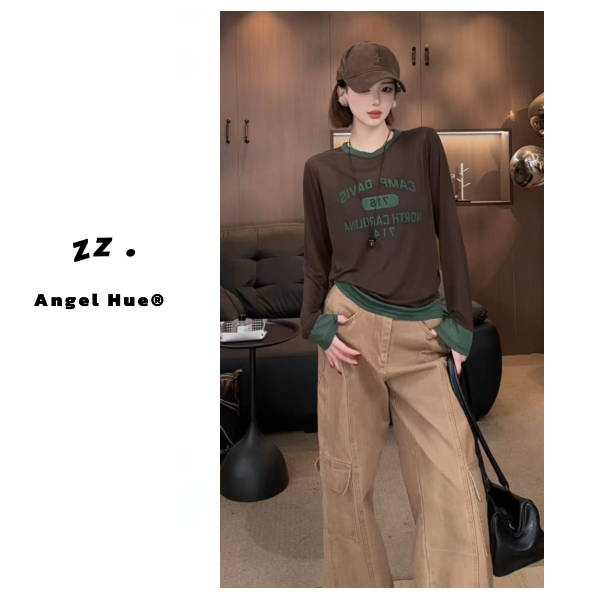 ANGELHUE美式撞色字母印花长袖T恤女百搭显瘦圆领上衣