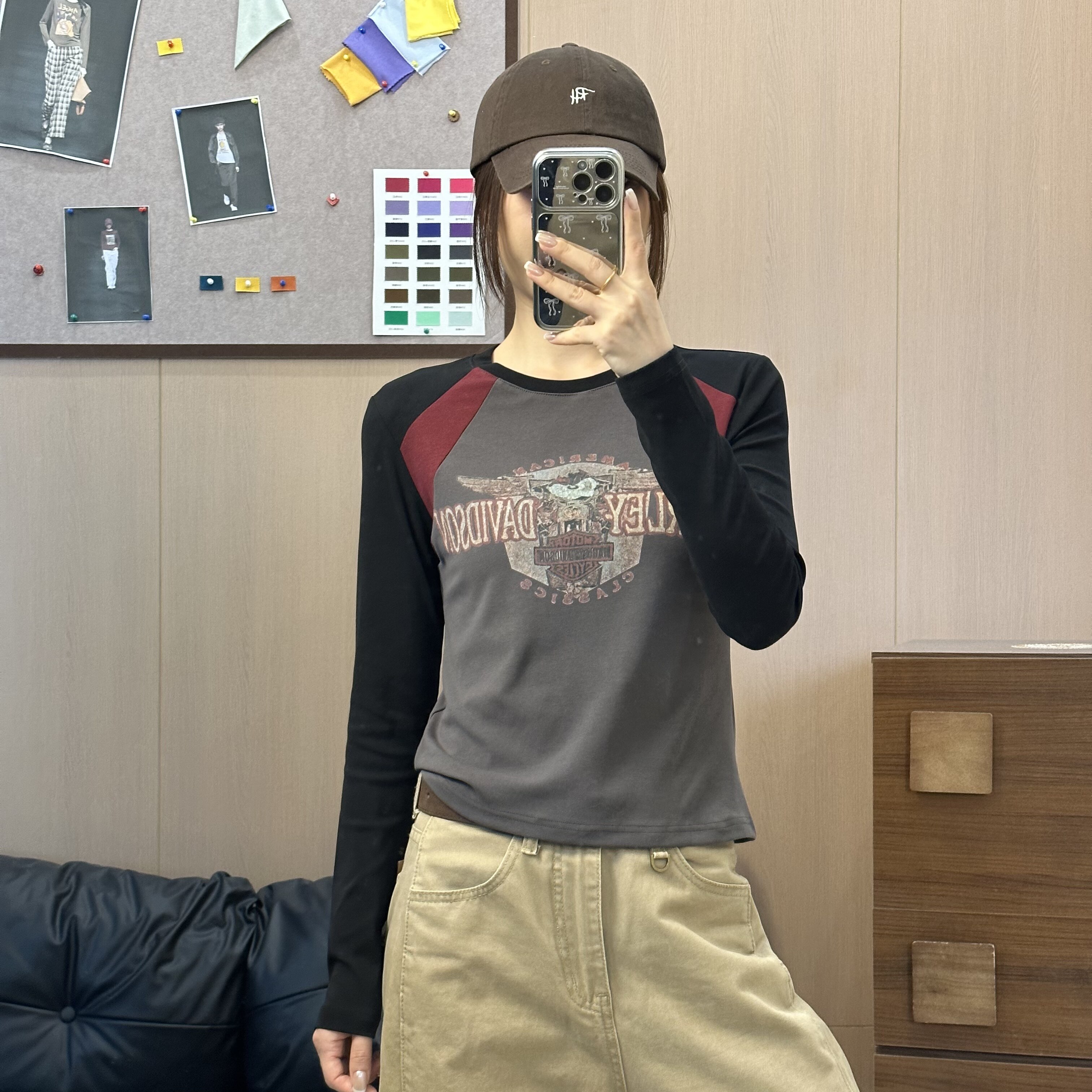 ANGELHUE设计感撞色插肩袖长袖T恤女字母印花显瘦街头休闲风上衣