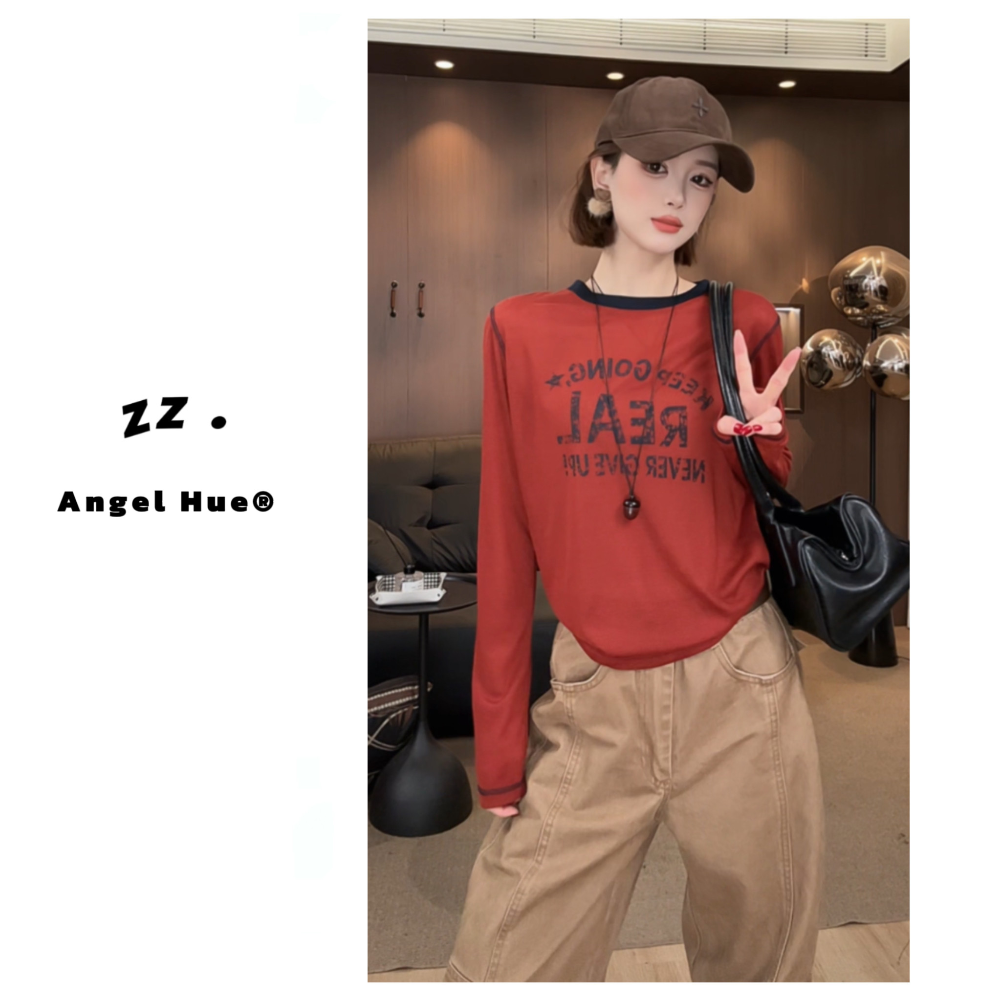 ANGELHUE美式复古字母长袖T恤女撞色圆领薄款打底上衣做旧
