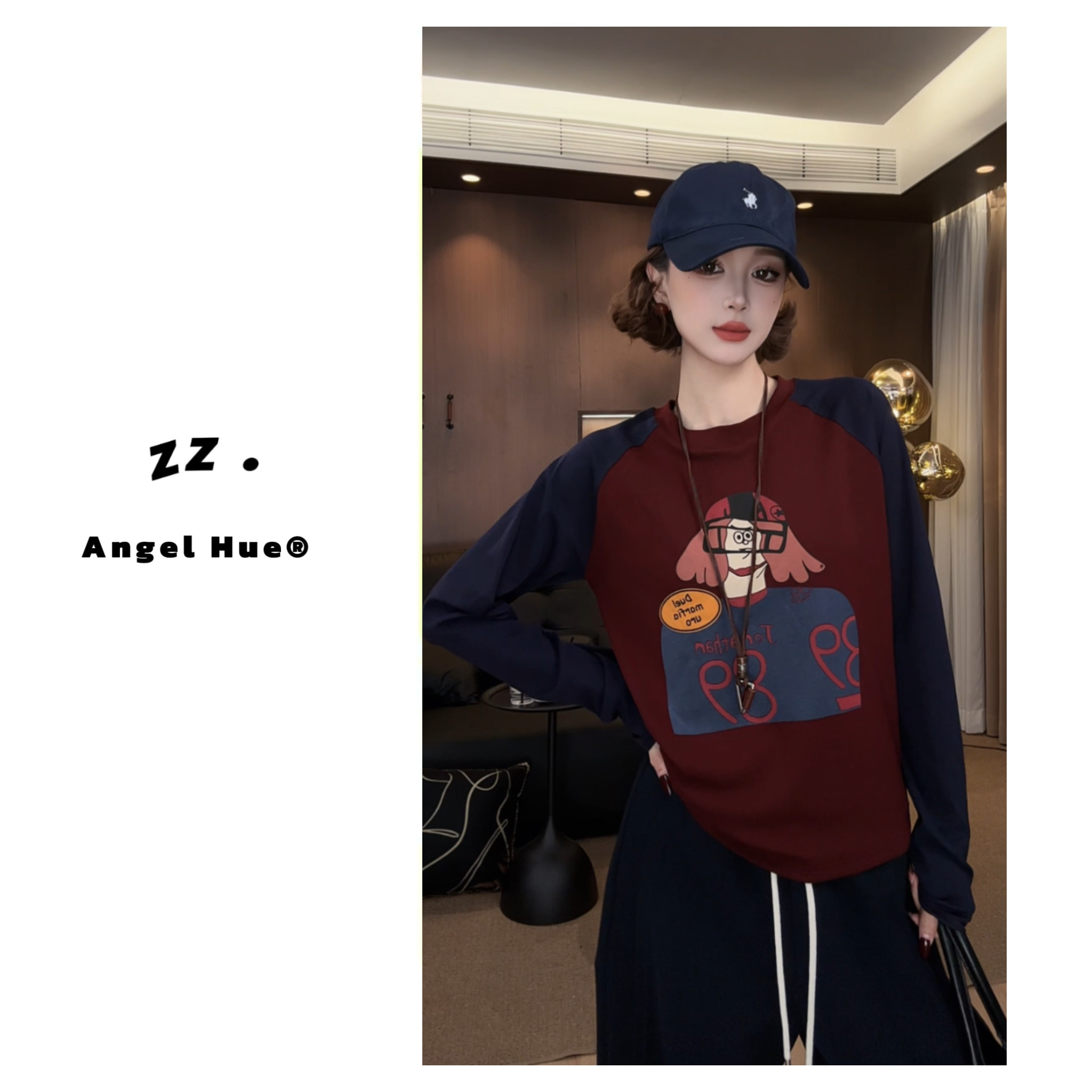 ANGELHUE美式复古撞色拼接卡通印花长袖T恤女大码纯棉打底衫