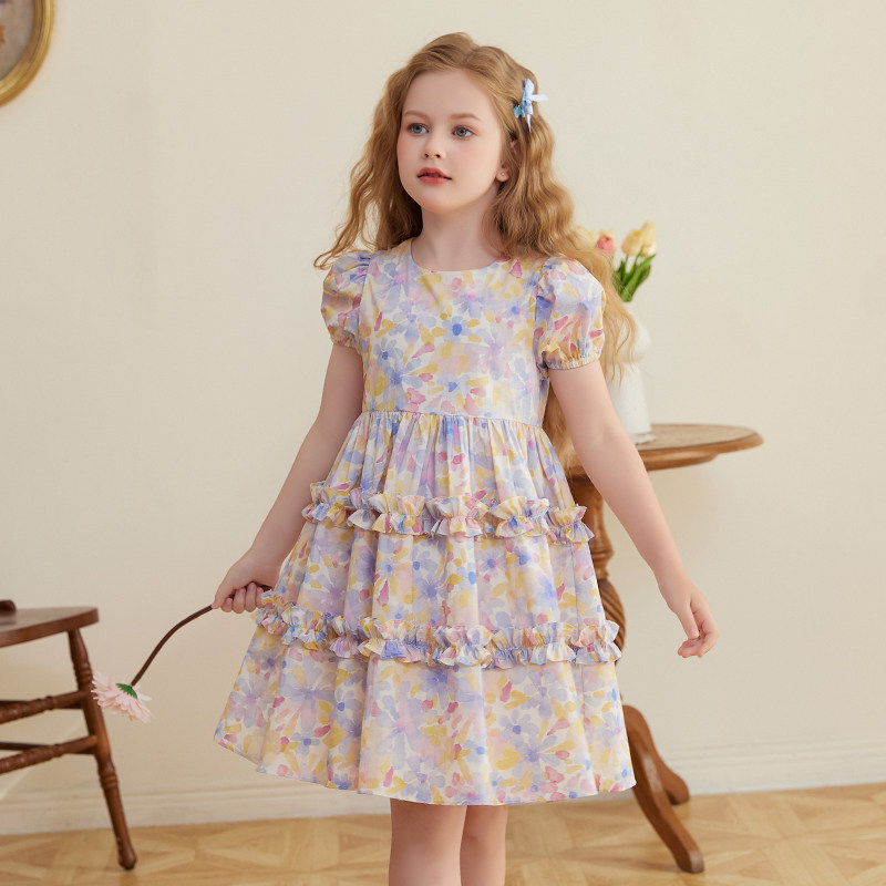 thumbnail for Girls' dresses 2026 summer new pure cotton children's skirts, medium and large kids floral skirts, stylish thin princess dresses