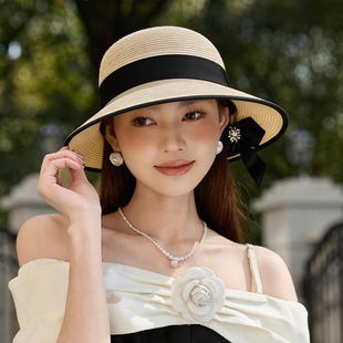 2026新款法式赫本风蝴蝶结草编帽女夏 黑带平顶防晒遮阳度假礼帽