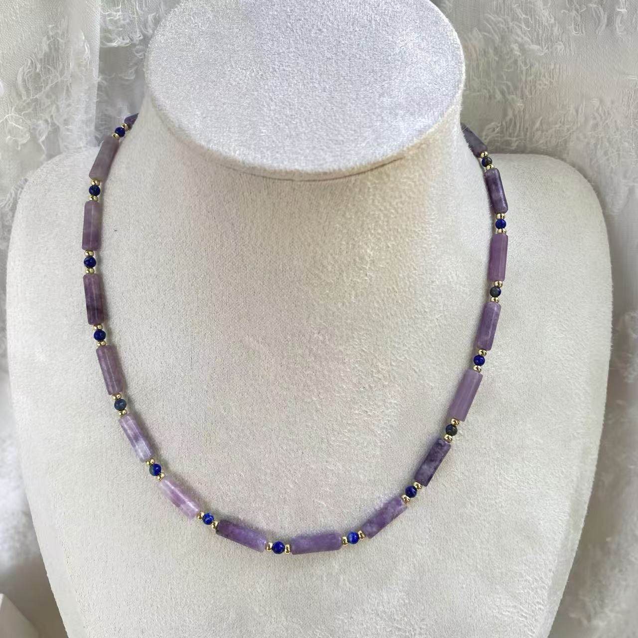 欧美个性紫星石项链青金石百搭锁骨链女高欧美风保色镀14K金项链