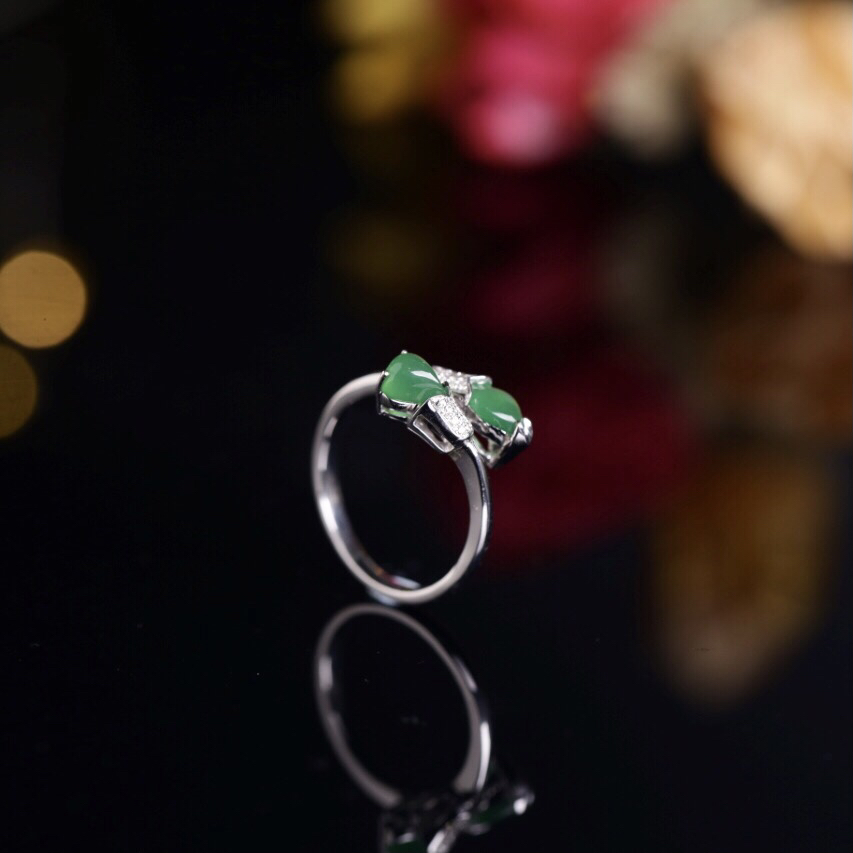 慕古白18k金A货天然翡翠阳绿蝴蝶结戒指MU3ZE05B0