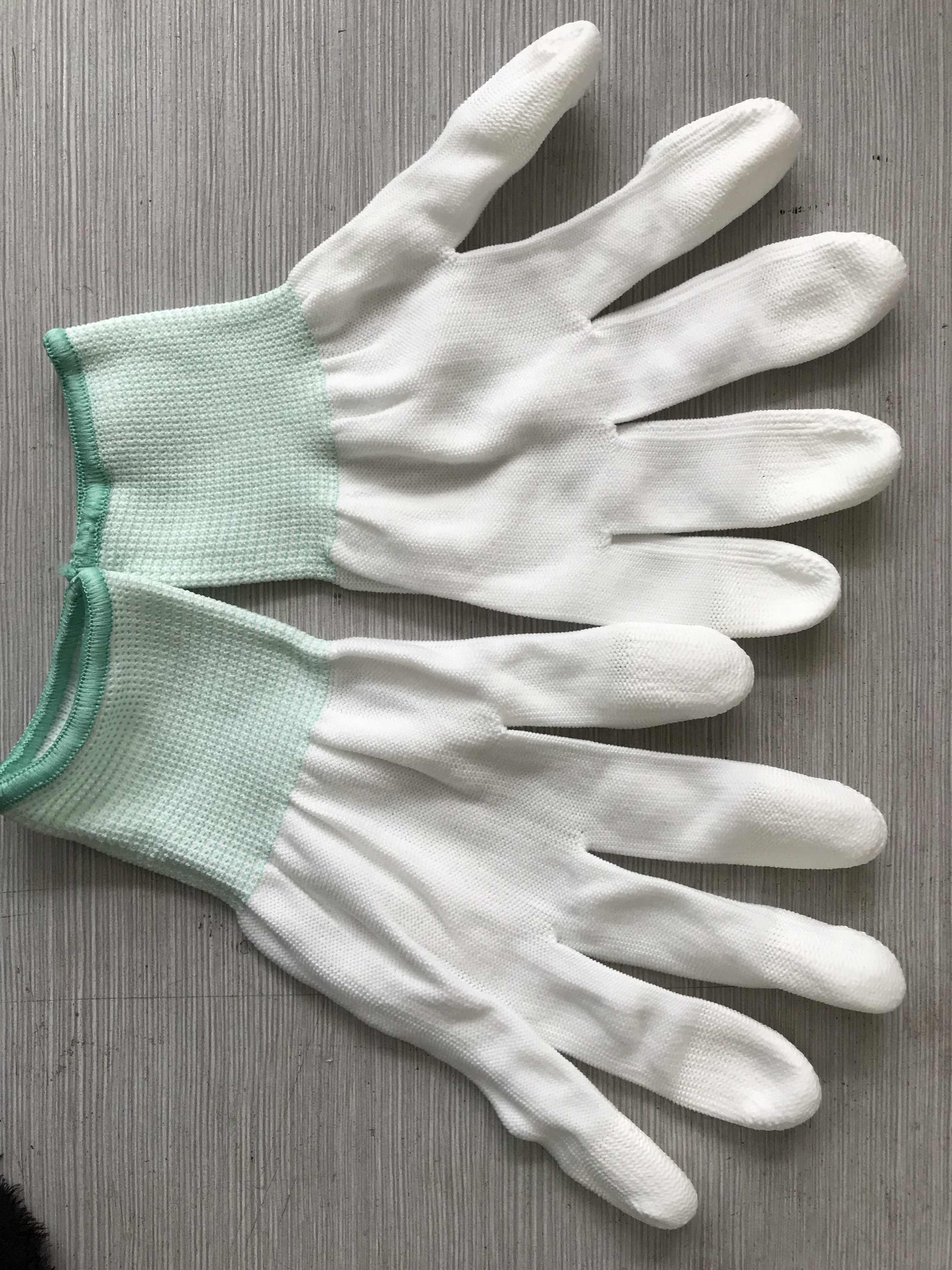 薄款白尼龙pu涂指手套指头沾胶劳保防静电手套打包电子作业手套