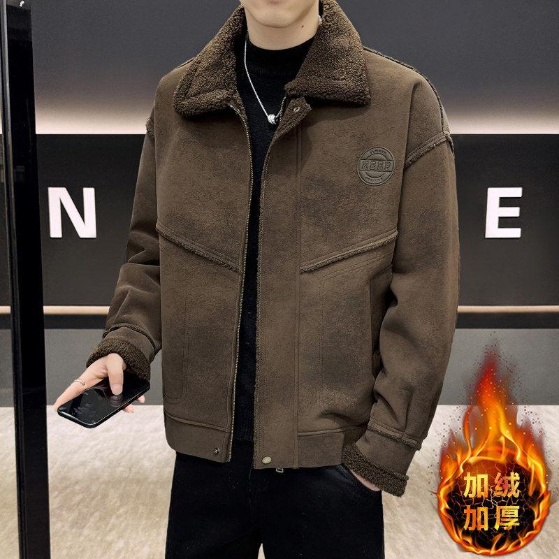 冬季皮毛一体加绒加厚外套男士高级设计感麂皮绒棉服宽松翻领夹克