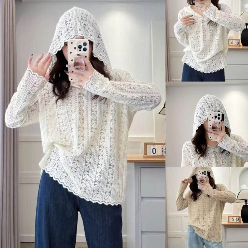 宽松大码女装韩版春秋季新款洋气立体钩花软蕾丝连帽衫套头打底衫