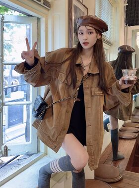 美式复古做旧工装牛仔外套女