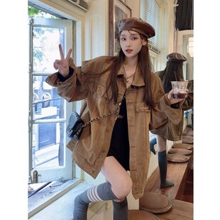 美式复古做旧工装牛仔外套女春秋季中长款宽松bf慵懒风炸街夹克潮