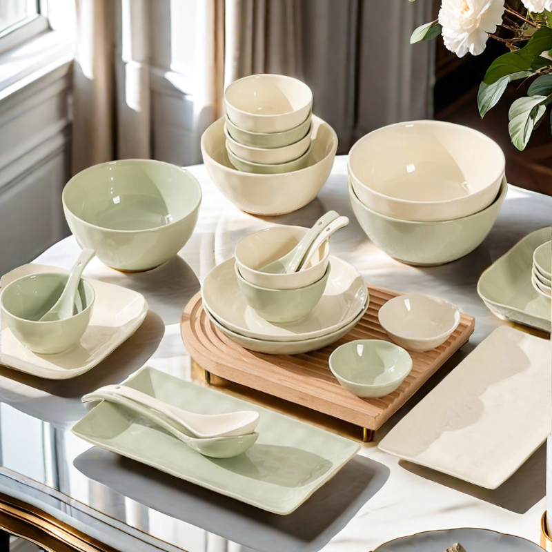 奶油风家用米饭碗菜盘子陶瓷餐具