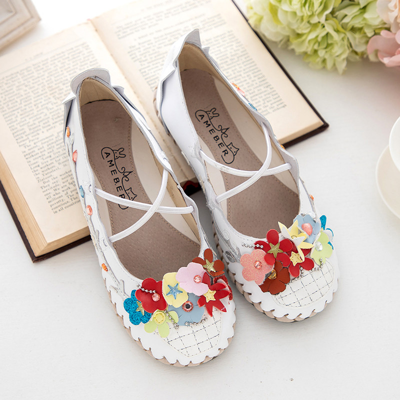 Ameber原创设计小羊皮手工拼花圆头女单鞋浅口花朵甜美白色平底鞋,女鞋,浅口单鞋,淘宝优惠券,粉丝福利购,淘宝优惠卷
