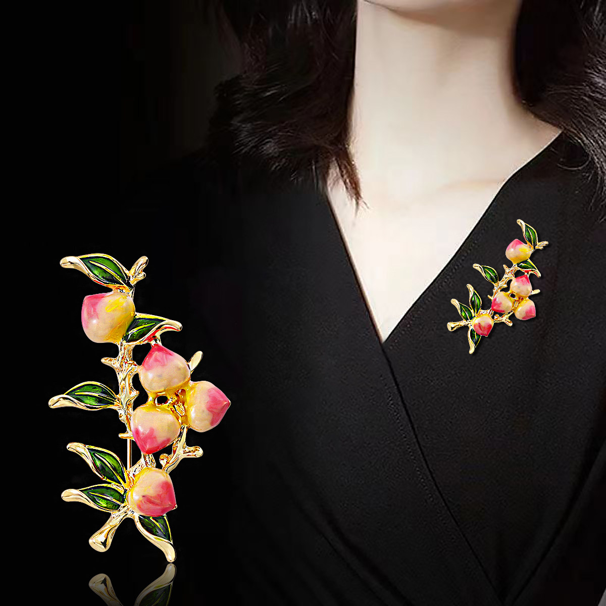 满枝水蜜桃胸针女高档气质珐琅彩绘水果服装别针西装配饰胸花批发