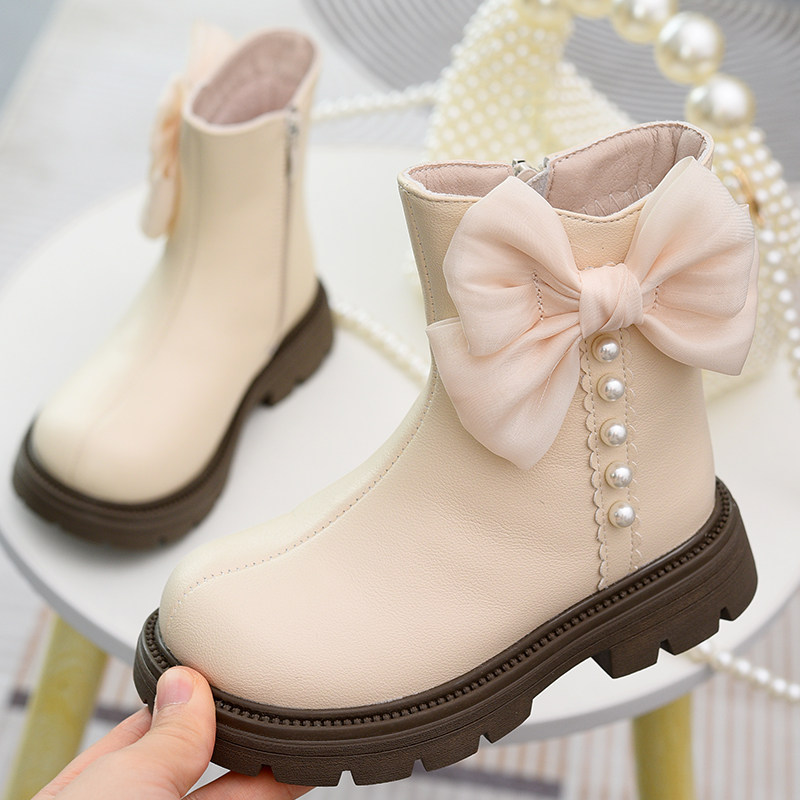 女童蝴蝶结真皮公主靴儿童短靴2025春秋款童鞋加绒二棉靴女孩单靴