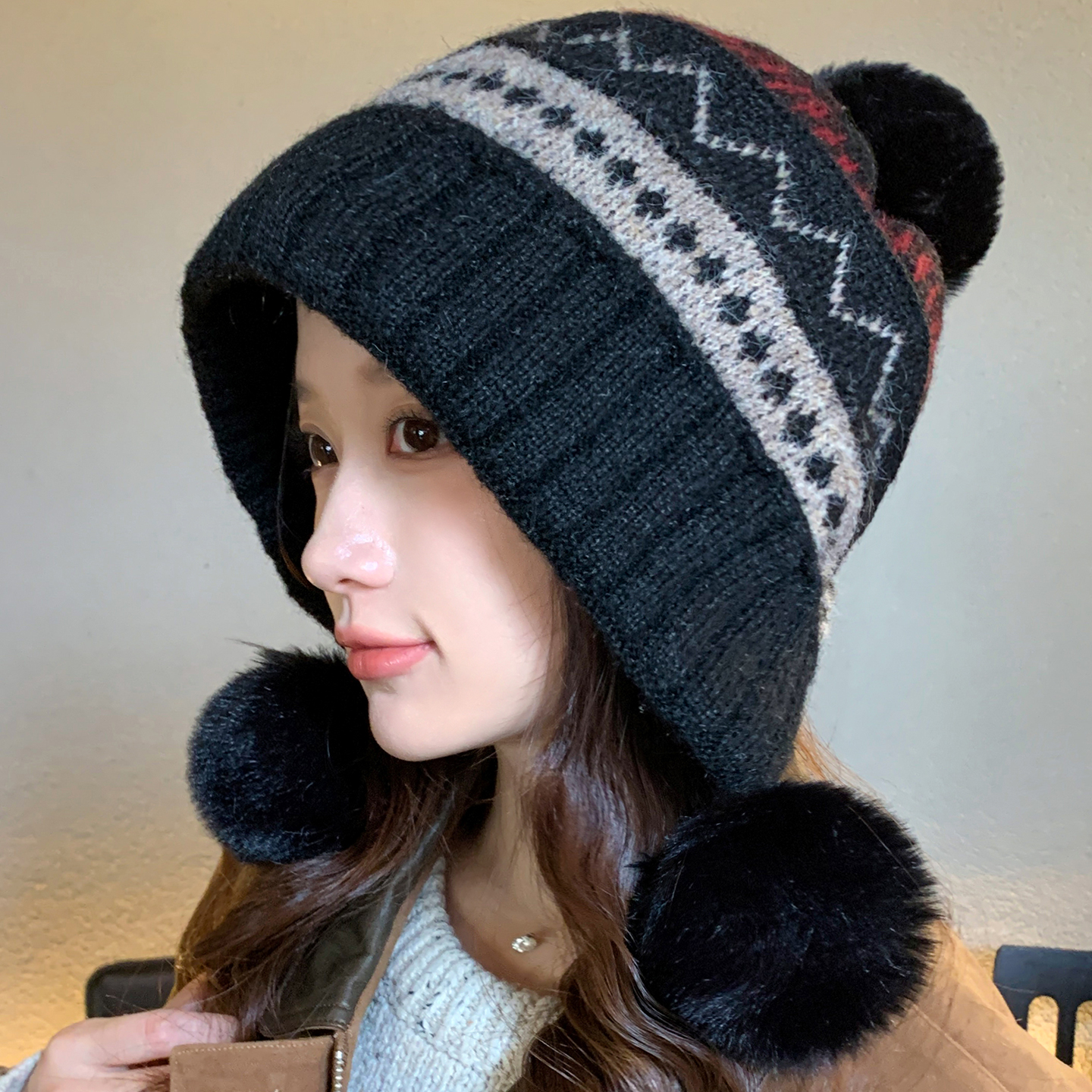 新款兔毛针织毛线帽女冬季保暖帽