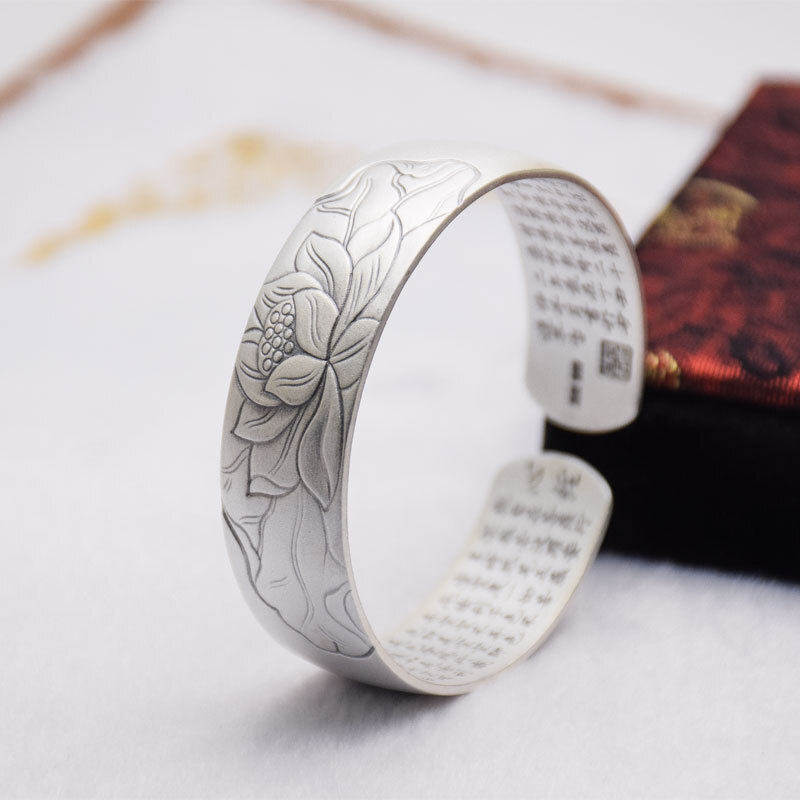 时尚百搭网红同款S999足银复古莲花般若波罗蜜心经手镯女士纯银开