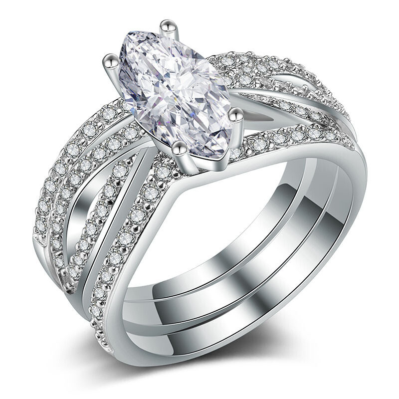 时尚锆石戒指首饰镀925银18k金三件套戒