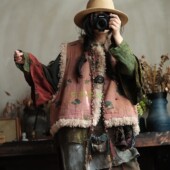 原创设计复古羊卷毛斜襟盘扣夹棉马夹坎肩背心棉衣马甲女2267桃夭