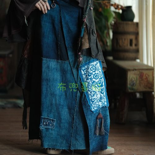 老布拼色系带裹裙文艺复古半身裙