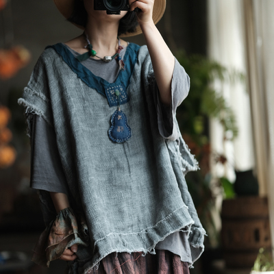 原创设计女装复古文艺麻料V领卷边背心落拓风马甲2353灰加葫芦