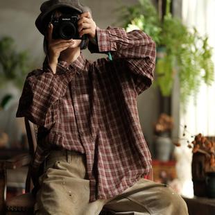 宽松翻领小格文艺复古百搭衬衫 2214咖格