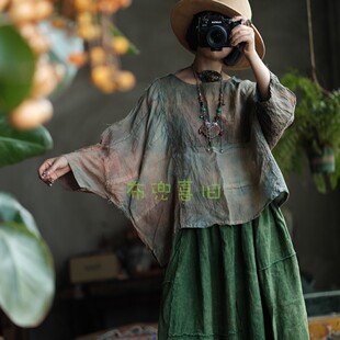 高端麻料毛边圆领宽松小衫 2089植物染
