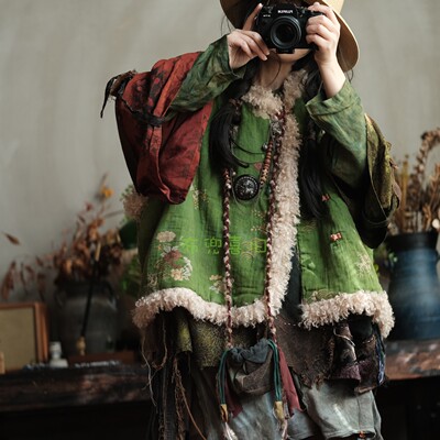 原创复古羊卷毛斜襟盘扣夹棉马夹坎肩背心棉衣马甲女2267水龙吟