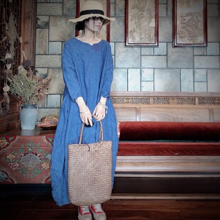 春季新款原创亚麻长裙文艺宽松大袍子复古国风印花连衣裙1321