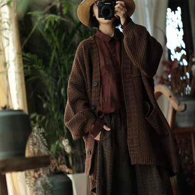 文艺复古大口袋秋季毛衣外套开衫