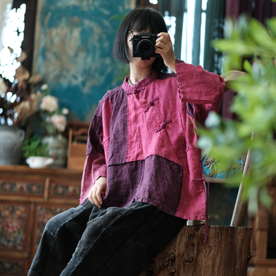 麻衫玫红拼新款毛边宽松斜襟盘扣