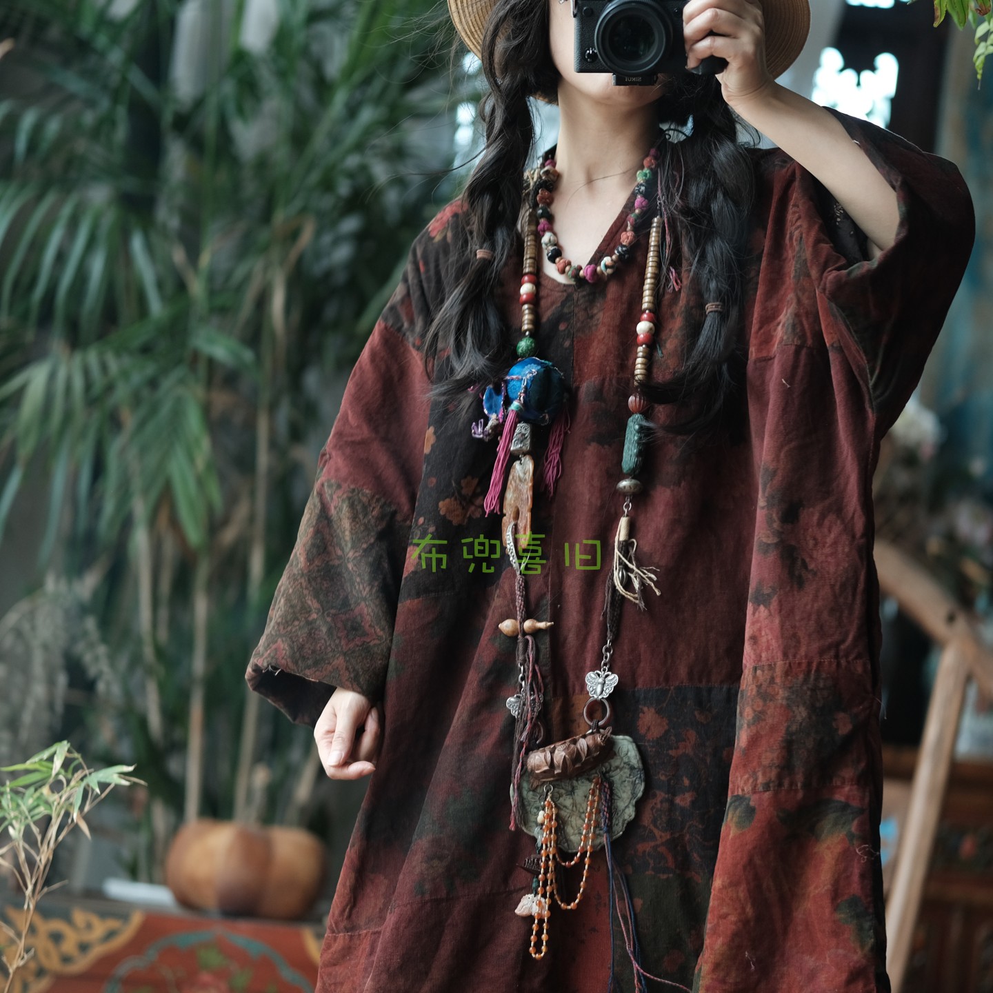 复古文艺V领拼布棉袍2221细条绒花拼