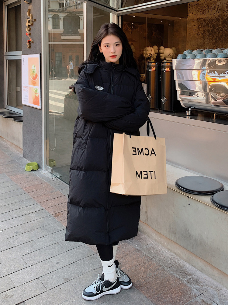 黑色加厚羽绒服女冬2024新款韩版宽松保暖长款过膝90白鸭绒外套