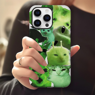 迷因绿色外星猫咪meme可爱手机壳适用苹果16华为vivo红米OPPO荣耀苹果16promax荣耀华为vivo红米oppo