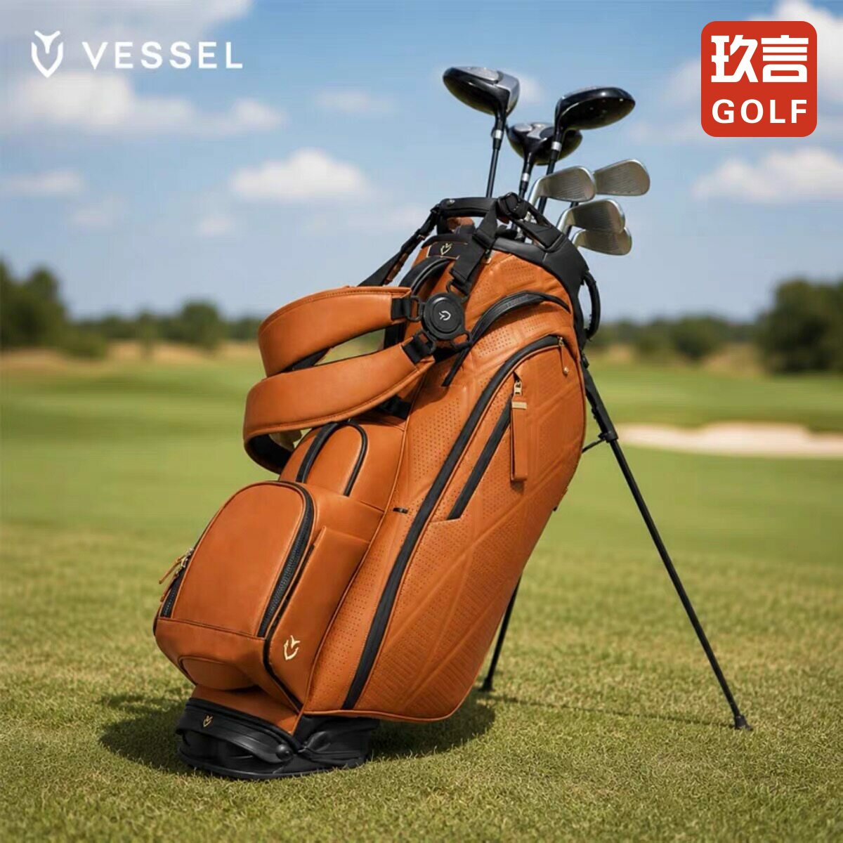VESSEL高尔夫支架包皮革防水9寸7格大容量男女士球包杆包迷彩黑