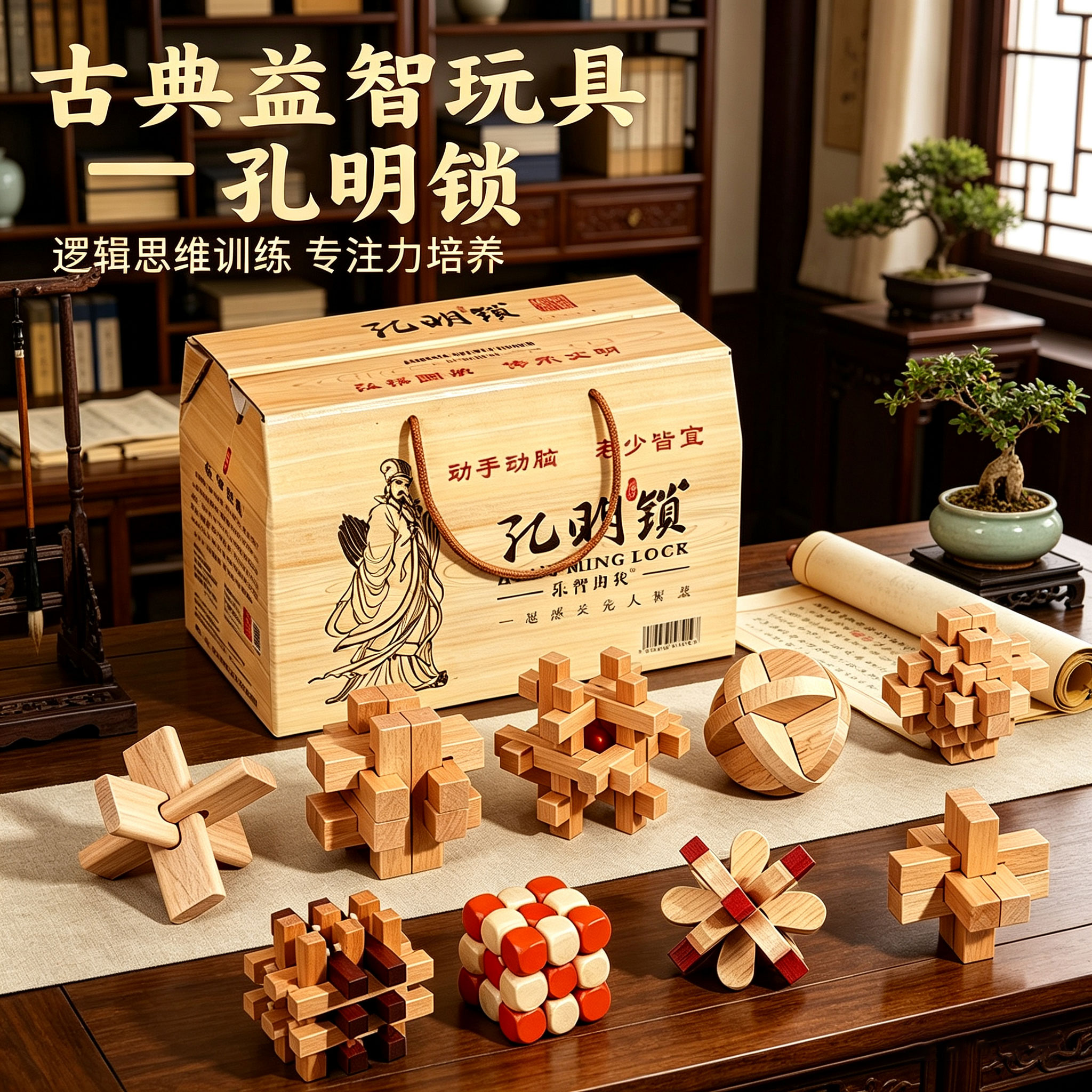 鲁班锁全套礼盒套装益智玩具榉木儿童成人拆解锁榫卯解环孔明锁
