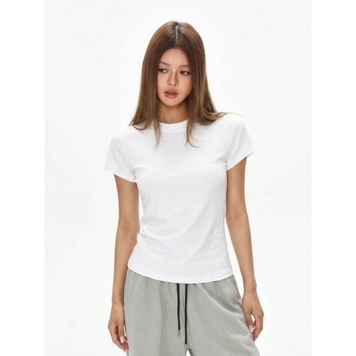 美式辣妹正肩圆领T恤女2026夏季修身显瘦纯色短袖休闲打底上衣潮