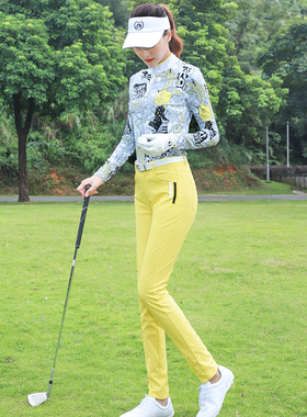 春秋季ZG6高尔夫女士服装球服女装时尚花长袖立领上衣黄色长裤子