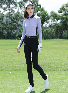 ZG6高尔夫球服装女套装女速干T恤紫色长袖上衣修身显瘦黑色长裤子