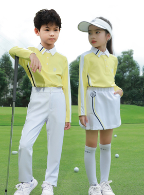 ZG6高尔夫服装男童女童装青少年球服运动套装长袖黄色T恤上衣白色