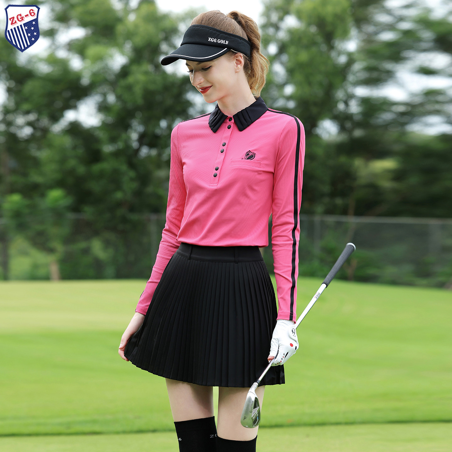 ZG6高尔夫服装女运动女装T恤桃红长袖速干上衣网球服黑色百褶裙女