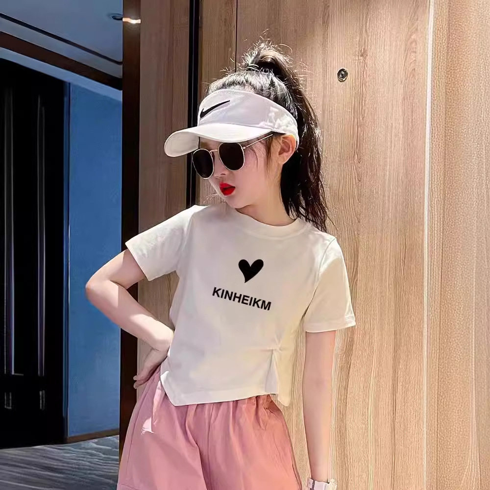 女童罗纹棉弹力短袖t恤修身夏季儿童前长后短圆领上衣女孩设计感