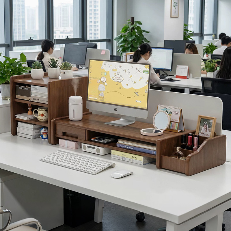 台式工位电脑增高架家用办公桌面收纳置物架带抽屉显示器垫高托架图片