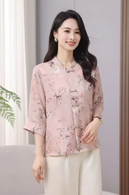 2026新款夏季国风立领盘扣绣花宽松衬衫上衣女hcd6359