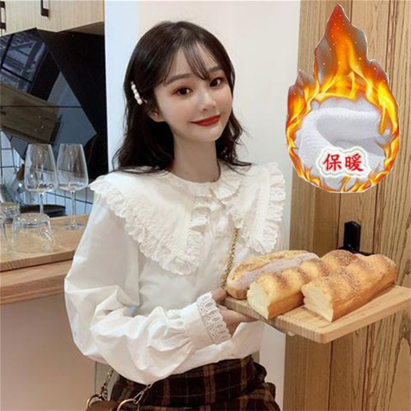 休闲蕾丝娃娃领长袖衬衫女春秋新款法式复古高级设计感泡泡袖上衣