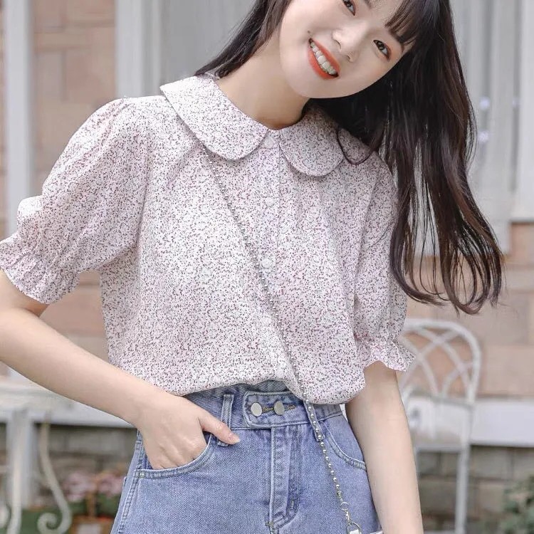 小碎花泡泡袖衬衫女2021夏图片
