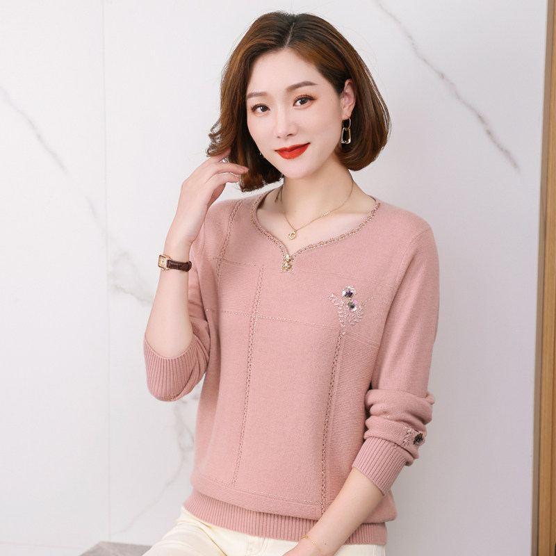 2023100%纯羊毛上衣女中年妈妈款秋装内搭毛衣中老年人冬装打底衫